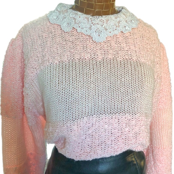 Vintage Pink Knit Lace Collar Sweater - Picture 3 of 17